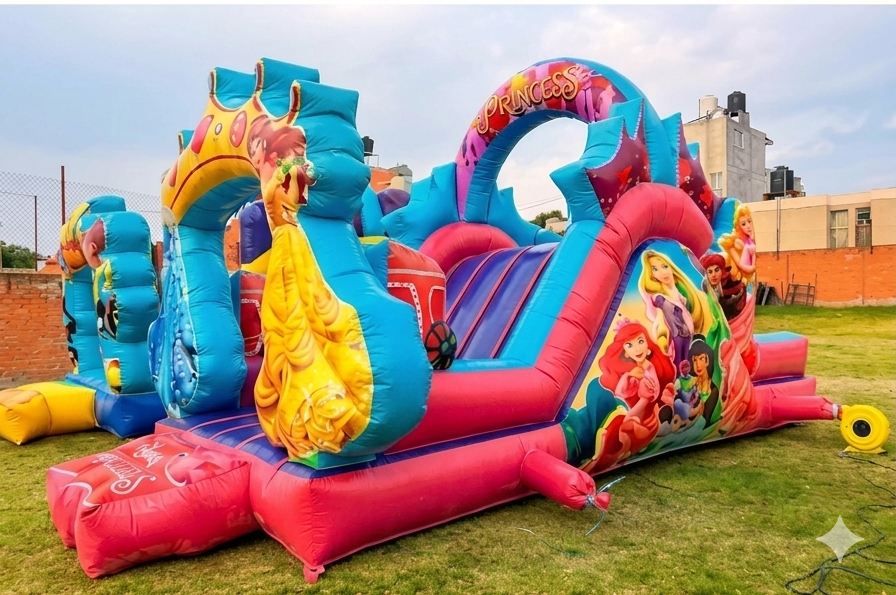 inflable princesas castillo saltarin colorido con tobogan para fiestas infantiles